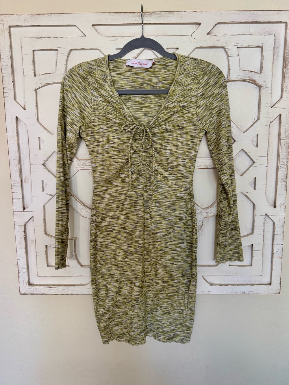 Lisa Says Gah Lotta Long Sleeve Honeydew Tie-Front Ribbed Mini Dress - Picture 4 of 6